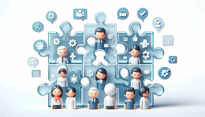 Fototapeta premium 3D Transparent puzzle pieces with team icons isolated on white background concept as Transparent puzzle pieces featuring team icons representing clarity and seamless collaboration in team building puz