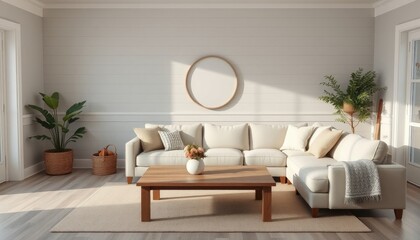 A bright and airy living room with a large white sectional sofa, a wooden coffee table, and a large mirror on the wall.