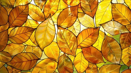 Abstract background of stained glass window with yellow and brown autumn leaves