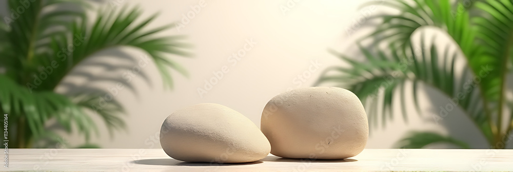 Poster tropical design features a minimalist backdrop for displaying two pieces of sandstone on a selective