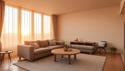 A modern living room with large windows, a gray sofa, a round wooden coffee table, and a wooden side table with a plant.