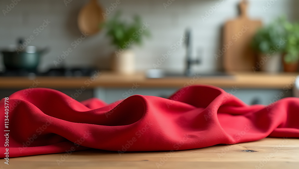 Poster The red fabric is draped over a wooden table in a blurred kitchen background suitable for product display and design visuals._00001_