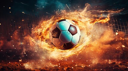 Naklejka premium Soccer ball ignited in a thrilling display of energy and sport. Generative AI