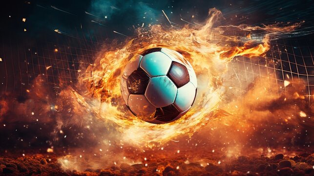 Soccer ball ignited in a thrilling display of energy and sport. Generative AI
