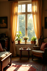 Fototapeta premium Sunlit window highlights the elegance of a bygone era in this charming classic vintage decorated living space._00002_