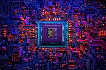 Panoramic wide shot of neon colored futuristic