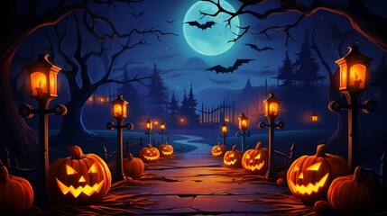 Fototapeta premium Enchanted Halloween night with glowing pumpkins and a full moon. Generative AI