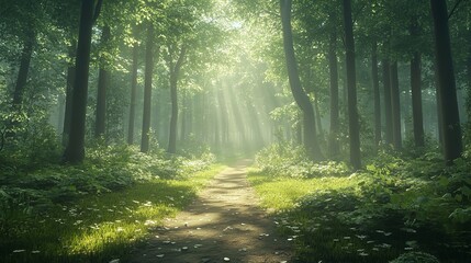 Obraz premium The photo shows a beautiful forest with a path in the middle. The sun is shining through the trees.
