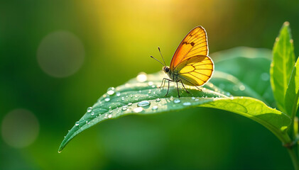 Obraz premium Beautiful Butterfly Resting on Fresh Green Leaf