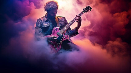 A guitar player making rock during concert. Rock band performs on stage. Guitarist plays solo.