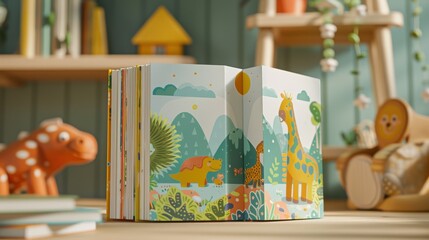 Colorful children's storybook with vibrant animal illustrations displayed in a cozy reading nook