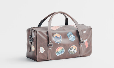 3d render of isolated old vintage travel luggage duffel bag with stickers