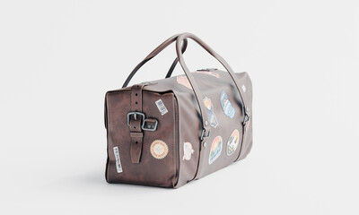3d render of isolated old vintage travel luggage duffel bag with stickers
