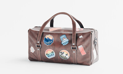 3d render of isolated old vintage travel luggage duffel bag with stickers