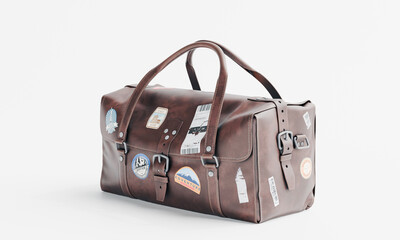 3d render of isolated old vintage travel luggage duffel bag with stickers