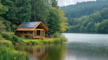 Fototapeta premium A small eco-friendly cabin by a lake, featuring solar panels and a rainwater harvesting system integrated into the design