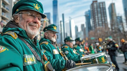 A group of drummers in green uniforms performing at a parade in an urban setting.