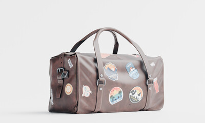 3d render of isolated old vintage travel luggage duffel bag with stickers