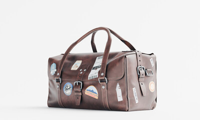 3d render of isolated old vintage travel luggage duffel bag with stickers