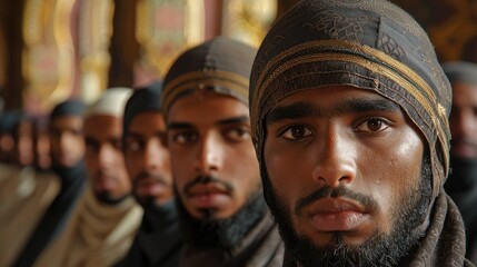 Obraz premium A group of men in traditional attire, focused and serious, likely in a cultural or religious setting.