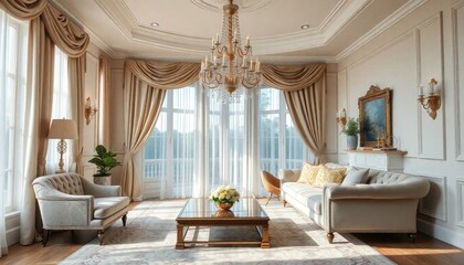 A luxurious living room with a grand chandelier, plush furniture, and large windows overlooking a scenic outdoor view.