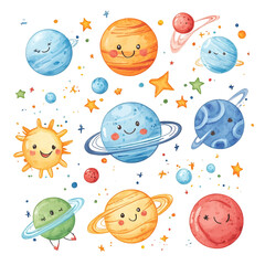 Naklejka premium Adorable Space Planets Illustration: A Whimsical Watercolor Galaxy
