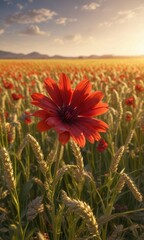 A crimson flower blooms in a field of golden wheat , sunlit scene, golden wheat fields