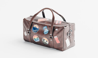 3d render of isolated old vintage travel luggage duffel bag with stickers