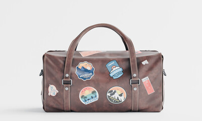 3d render of isolated old vintage travel luggage duffel bag with stickers