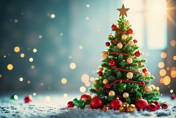 Obraz premium Festive Christmas tree adorned with ornaments and lights in a cozy indoor setting