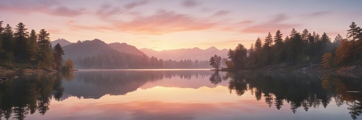 Fototapeta premium A serene and peaceful scene of a lake at sunrise with a subtle watercolor effect, abstract background, serene atmosphere, gentle reflections