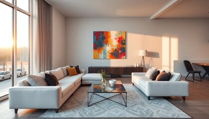 A modern living room with large windows, white sofas, a glass coffee table, and a colorful abstract painting on the wall.