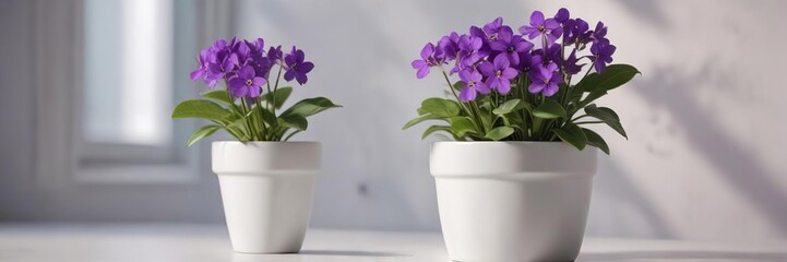 Small violet flower in a small white pot against a bright background, , bright, indoor plant