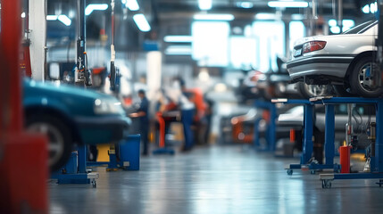 Obraz premium Blurred background of an auto repair shop with cars on lifts and mechanics working in the garage