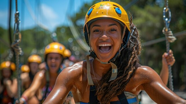 A joyful woman in a helmet enjoys an outdoor ziplining adventure with friends.