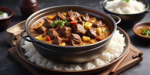 Steaming hot beef curry in a metal bowl with a side of rice, curry sauce, tender beef, aromatic spices