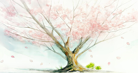 Obraz premium Cherry tree blooming in spring with falling petals, watercolor painting