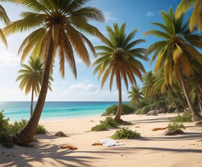 Fototapeta premium Vue d'une plage avec des palmiers et des serviettes de plage, plage de soleil, plage, decoration