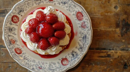 A delicious strawberry cake topped with whipped cream and fresh strawberries on a decorative plate.
