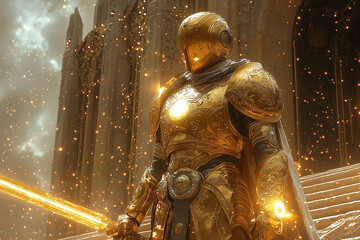 Obraz premium golden armored warrior wielding a radiant sword in front of a grand cathedral with sparks flying