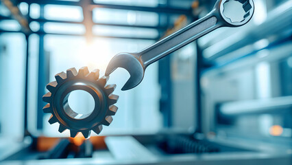 Floating Gear Wrench Industrial Automation Maintenance Concept White Background Stock Photo