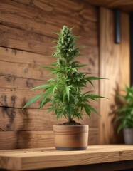 Fototapeta premium Cannabis plant with CBG-rich buds on a wooden shelf , herbaceous plants, plant growth, CBG