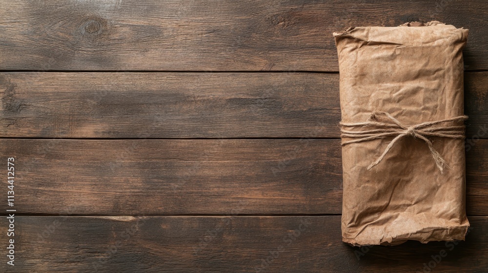 Wall mural A minimalist parcel wrapped in brown paper and secured with twine lies on a rustic wooden table, capturing the beauty of simplicity and traditional style.