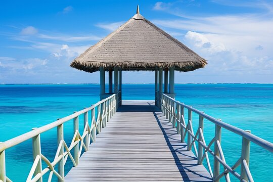 Serene wooden pier extends over turquoise waters under a clear blue sky. Generative AI