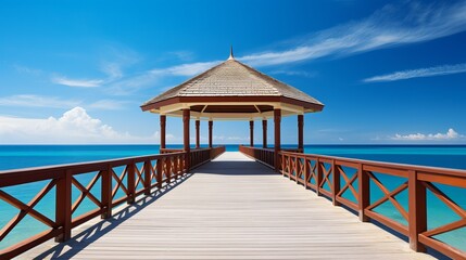 Serenity awaits on a tranquil wooden pier overlooking the ocean. Generative AI