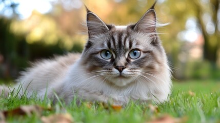 Obraz premium Fluffy Longhair Cat Resting In Green Grass