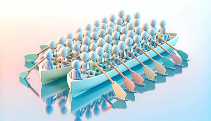 Fototapeta premium 3D Soft abstract image of people rowing boats in sync with pastel colors and copy space below. concept as A harmonious scene of a group rowing boats in perfect sync on calm waters depicted with soft p