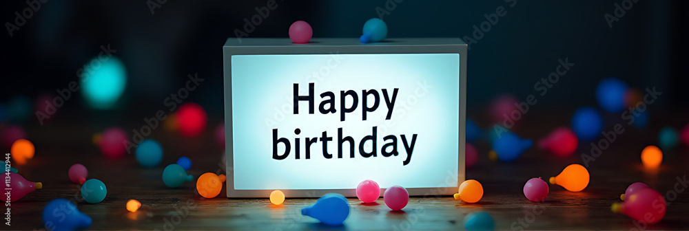 Poster Happy birthday text is projected onto a light box surrounded by colorful elements against a dark cinematic backdrop._00002_