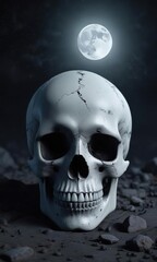 Fototapeta premium A white skull floating in a vast, starry expanse of darkness with only a faint moon visible in the distance, moon, loneliness, unknown