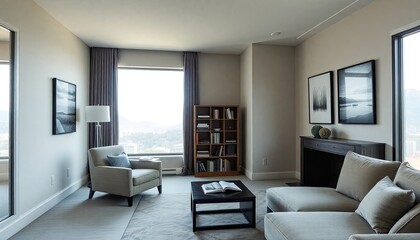 Fototapeta premium A modern living room with a large window offering a scenic view, a fireplace, a bookshelf, and a comfortable sofa.